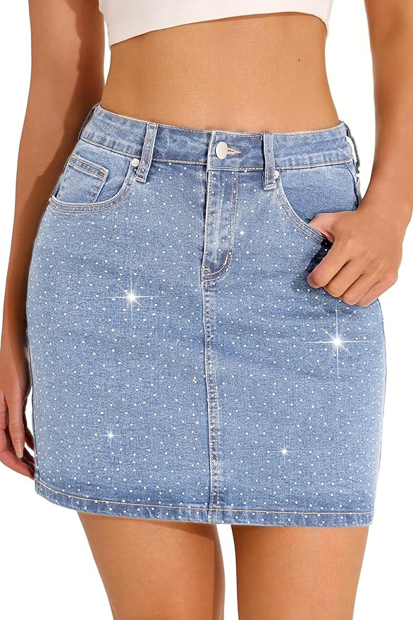 GUANYY Jean Skirts for Women Denim Sparkle Rhinestone Diamond High Waisted Stretch Mini Skirt | Amazon (US)