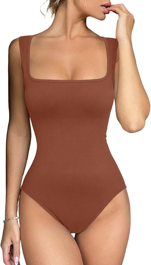 Meyeeka Women's Seamless Bodysuit Square Neck Sleeveless Tapered Shoulder Straps Tank Tops Summer | Amazon (US)