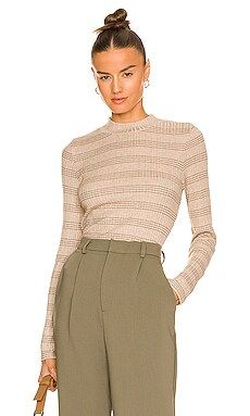 Vince Variegated Rib Striped Mock Neck Top in Wheat & Dark Almond from Revolve.com | Revolve Clothing (Global)