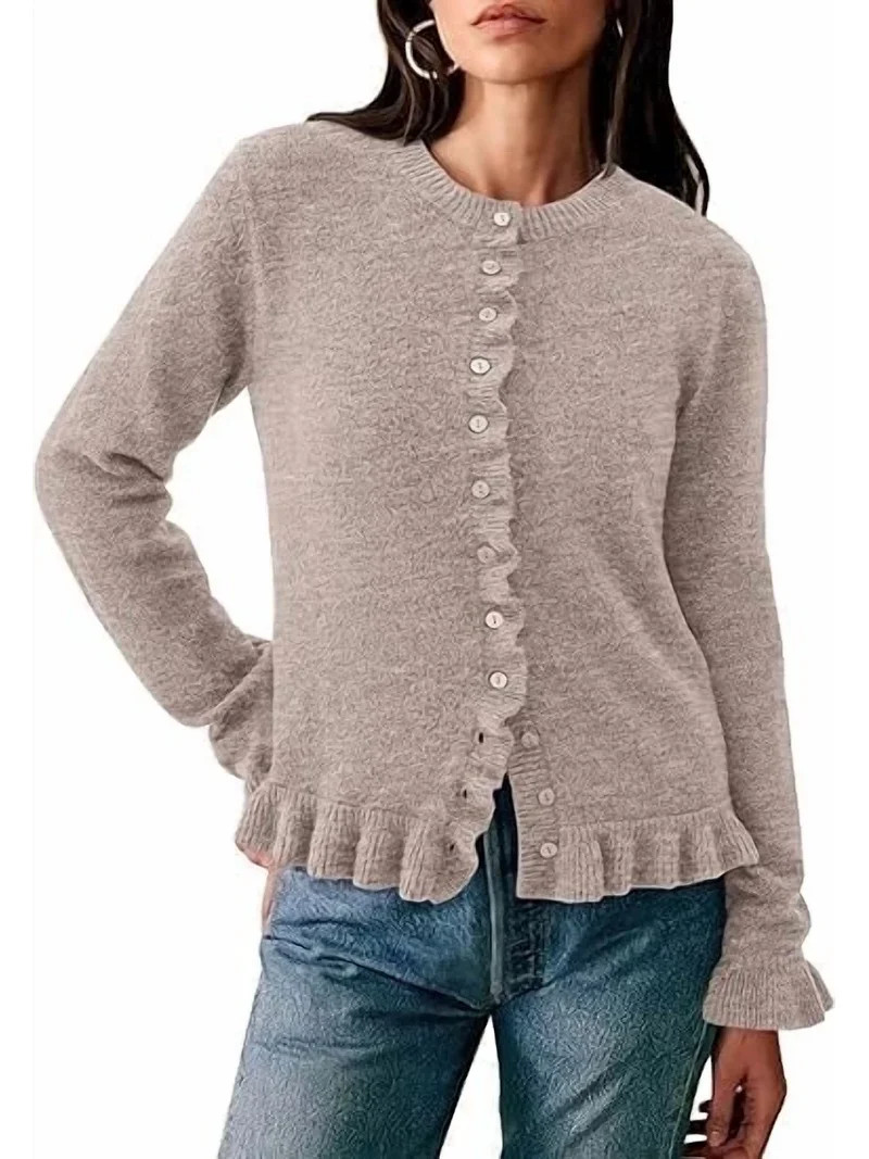 PRETTYGARDEN Womens Fall Button Down Cardigans Chunky Knit Ruffle Open Front Cropped Cardigan Swe... | Walmart (US)