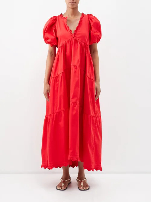 Kika Vargas - Leana Puff-sleeve Poplin Maxi Dress - Womens - Red | Matches (UK)