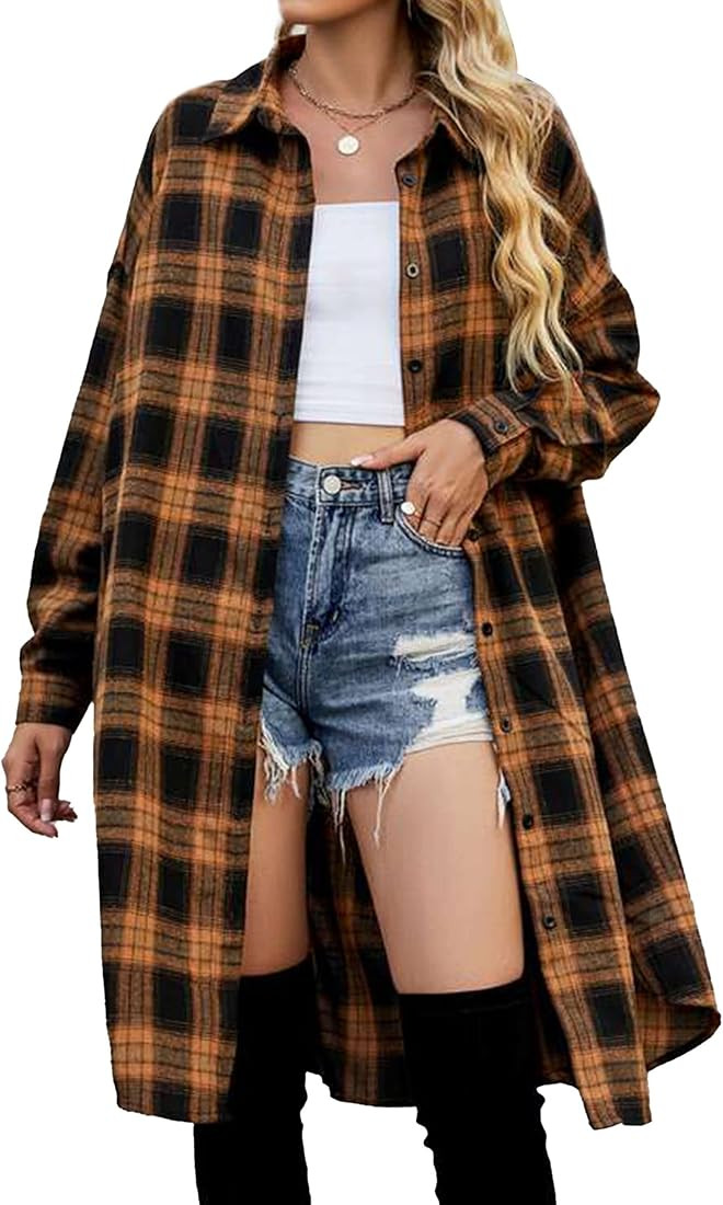 Blooming Jelly Womens Flannel Shirts Plaid Oversized Button Down Long Shacket Jacket Fall Fashion... | Amazon (US)