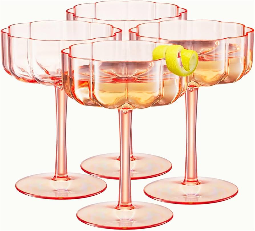 Khen Shatterproof Acrylic Flower Wavy Art Deco Martini, Champagne & Cocktail Blush Peach-Pink Pla... | Amazon (US)