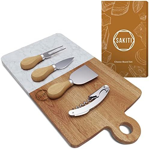 Sakiti Marble Cheese Board Set - w/ 3 Cheese Utensils and Wine Bottle Opener - Acacia Wood and Ma... | Amazon (US)