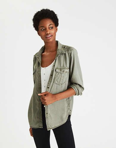 AE Boyfriend Utility Shirt, Olive | American Eagle Outfitters (US & CA)