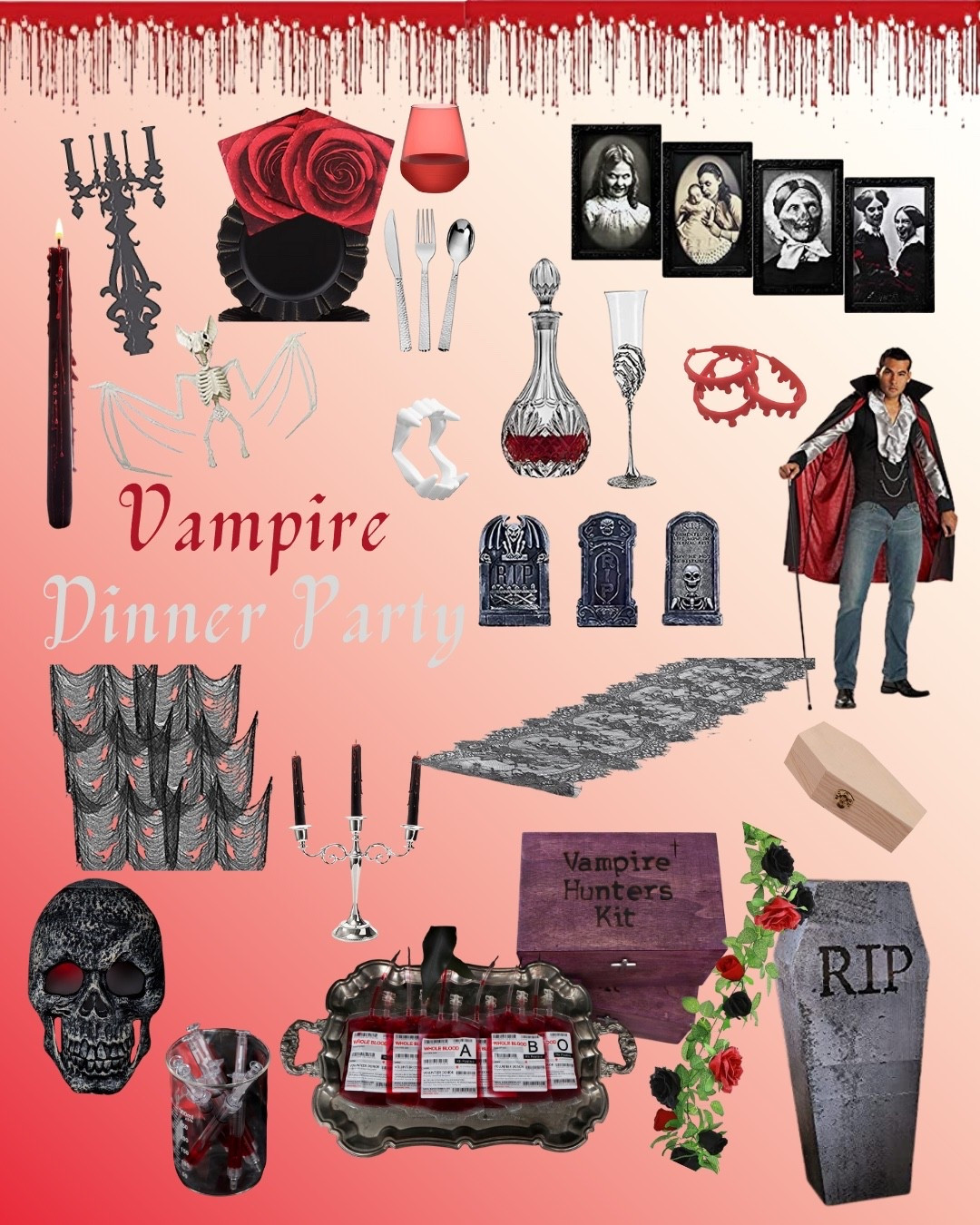 🚨 TRICK OR THEME DROP #8 🚨
This week’s drop: Gothic Vampire Dinner Party 🖤🩸🦇
 
Blood-red roses, flickering candles, and lace-draped walls set the dark gothic mood. A fogging skull sent wisps across the table while a free-standing chandelier cast long shadows over this midnight feast. Vampire fang napkin holders clutched red satin napkins, layering elegance with bite.
The blood bar was open—serving crimson pours from decanters, blood bags, and test tubes. At the dinner table, bleeding tapers ran red down black candlesticks while each place held a mini coffin filled with blood-red chocolates. Guests played Guess the Vampire with blood syringe pens, matching faces to the coffin board…was there a vampire at the table?
And as a parting gift, DIY vampire hunting kits sent guests home armed for the night.
 
Here’s what you’ll find in this drop:
✨ DIY: Vampire hunting kit favors
🖤 Guest detail: coffin place cards with blood-red chocolates
🩸 Food & Drink: a blood bar of decanters, bags + test-tube shots
🛒 Shop-the-look gothic vampire picks
⚡ Pro hack: hang lace tablecloths as wall coverings for instant gothic drama
💀 Save this inspo for your Halloween dinner party
🕸️ Drop a 🦇 if you’d sit at this table
👻 FOLLOW so you don’t miss the next drop
#trickortheme #vampireparty #gothicdinner #halloweendiy #halloweenpartyideas

#LTKParties #LTKSeasonal #LTKHalloween