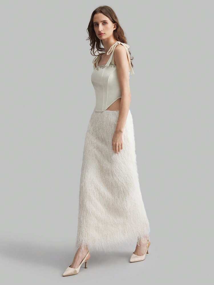 Ontre 2026SS Women's Textured Feather Fringe Skirt,Off-White Summer Elegant Party,Wedding Guest,H... | SHEIN