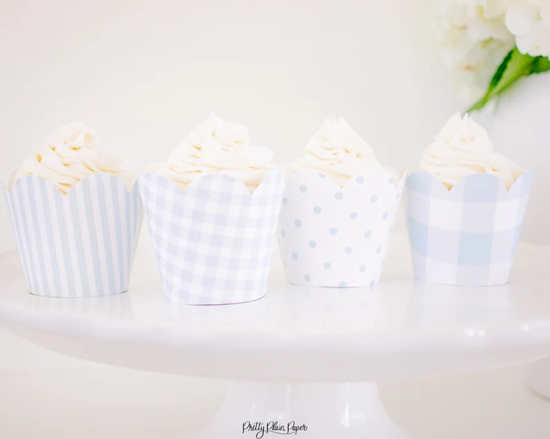 Light Blue Pattern Cupcake Wrappers Light Blue Gingham Cupcake Wrapper Template Printable Downloa... | Etsy (US)