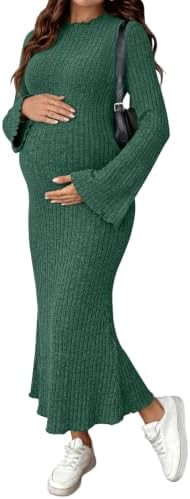 BLENCOT Maternity Dresses Bell Sleeve Pregnancy Bodycon Sweater Dress | Amazon (US)