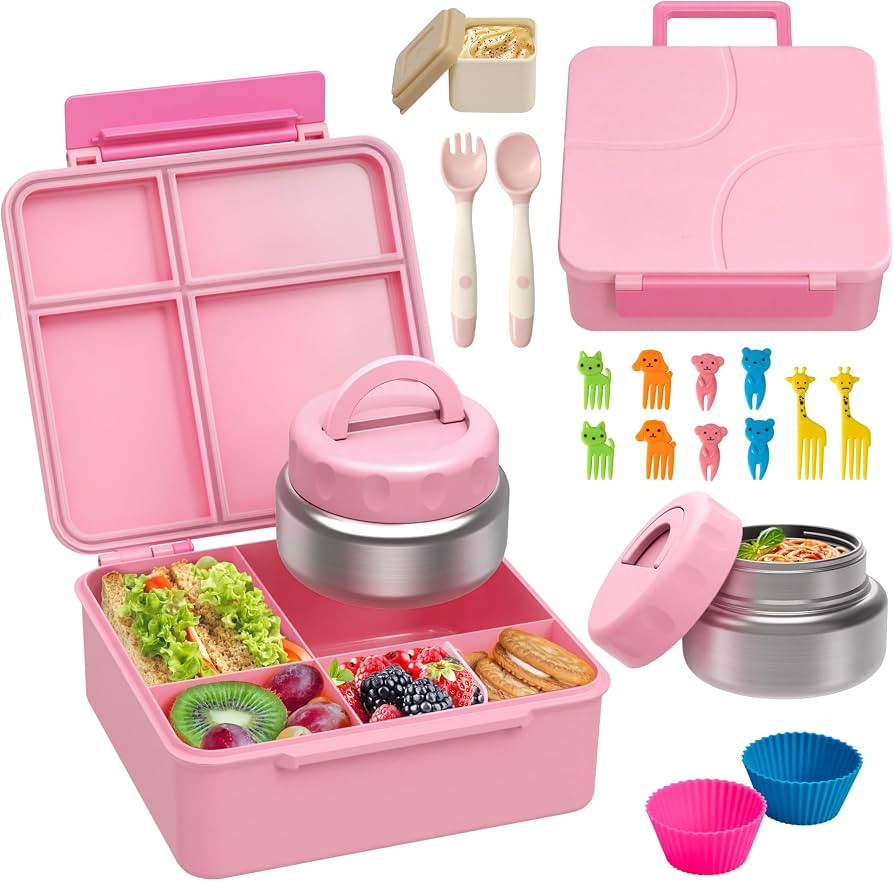Bento Lunch Box with 9.5 oz Soup Thermo, Kids Leakproof 4 Compartments Bento Box with Silicone Cu... | Amazon (US)