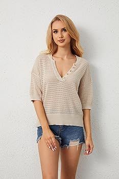 Women Summer Crochet Mesh Knit Short Sleeve T Shirts V Neck Sheer Hallow Out Button Up Loose Swea... | Amazon (US)