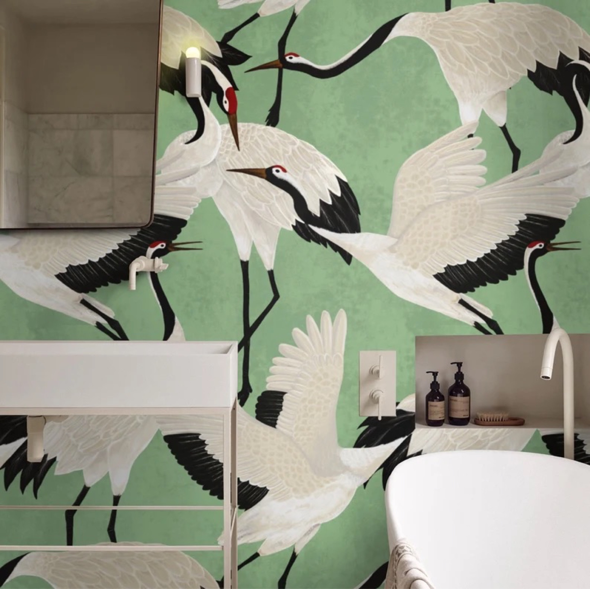 Pink Heron Print Wallpaper, Luxury Wallpaper with Asian Birds