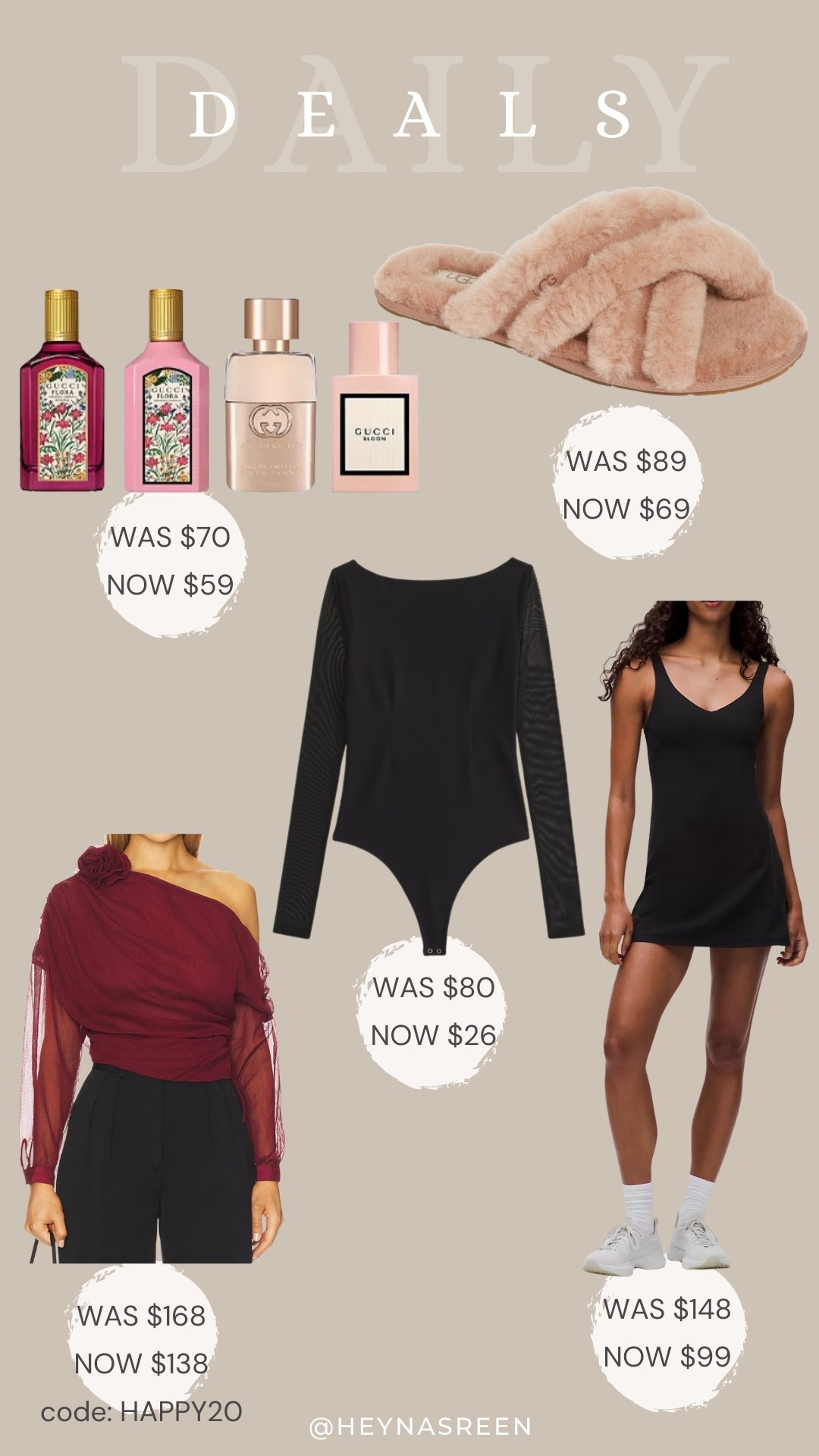Daily deals on Gucci perfume set, Ugg slippers, Abercrombie bodysuit, lululemon align dress, Lovers & Friends top 