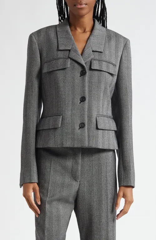 FERRAGAMO Wool Blend Herringbone Crop Jacket in Nero/White Sand at Nordstrom, Size 6 Us | Nordstrom