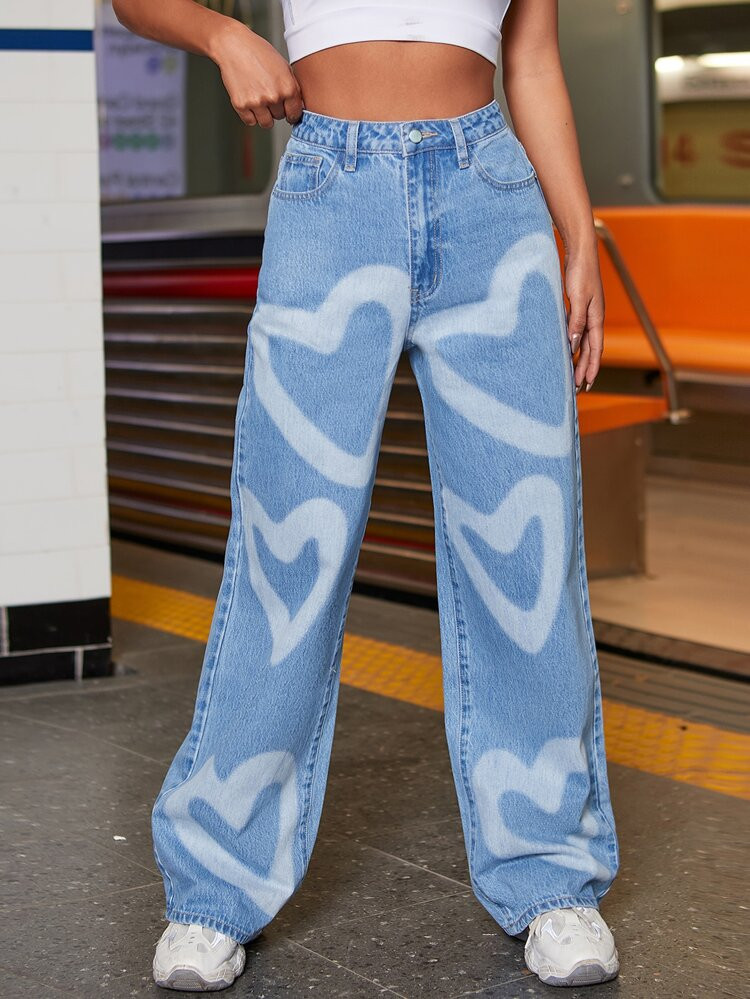High Waist Heart Print Wide Leg Jeans | SHEIN