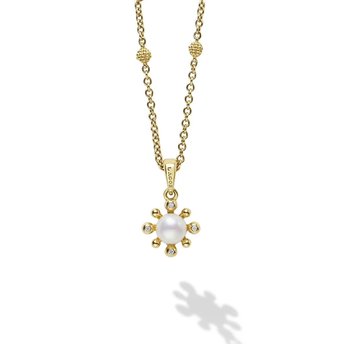 18K Gold Petite Fleur Pearl Diamond Pendant Necklace | LAGOS