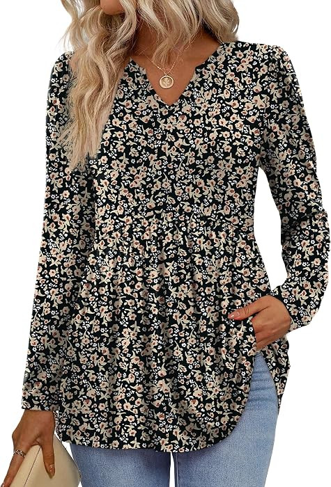 WIHOLL Womens Tops Long Sleeve Fall Shirts Babydoll Peplum Tops for Women V Neck Tunic Dressy Cas... | Amazon (US)