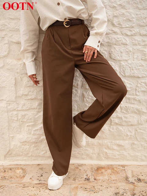 OOTN-Calça casual reta feminina, cintura alta, calça comprida, botões, monocromática, calça ... | Aliexpress BR (BR)