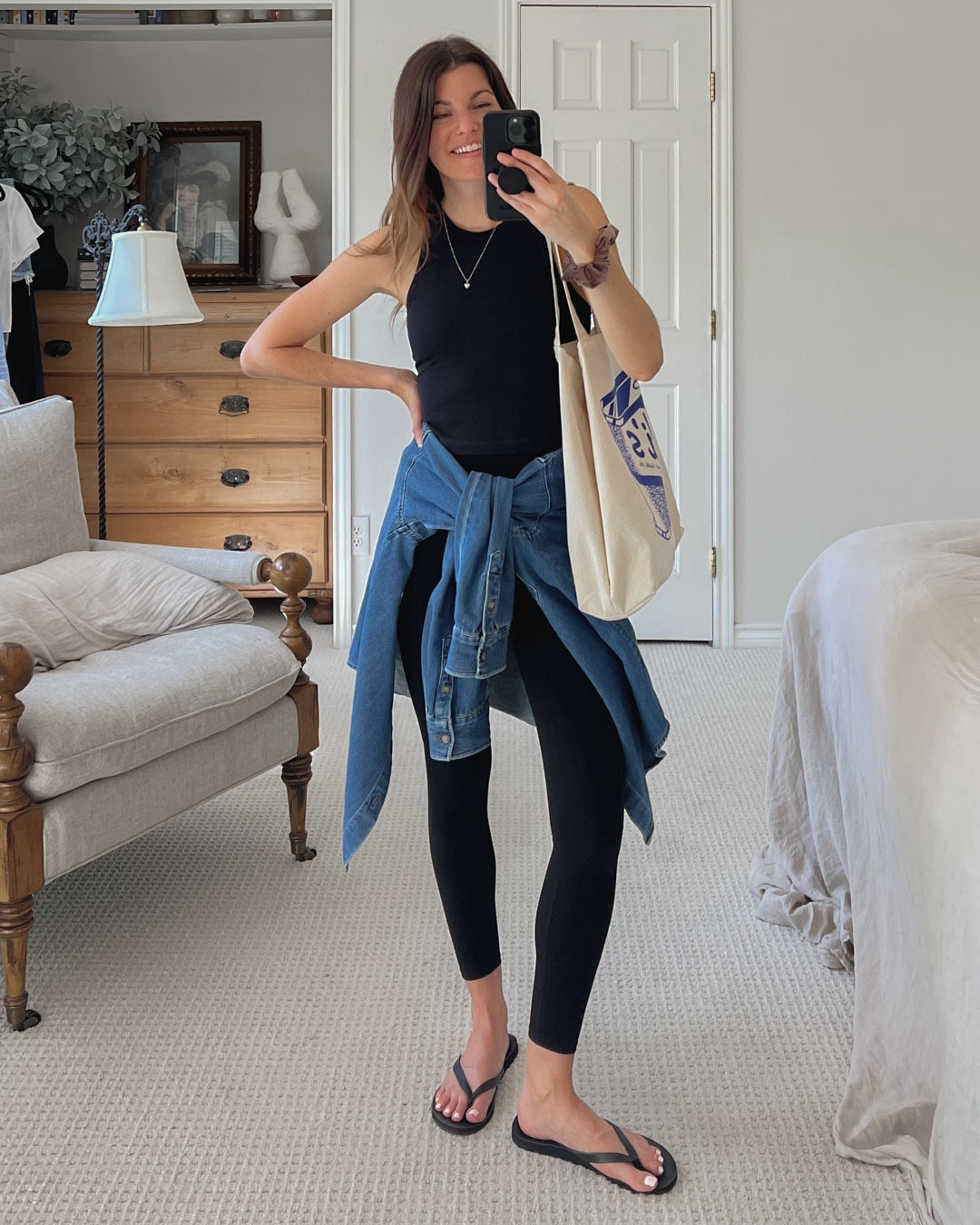 Capsule wardrobe day 2 | Vuori yoga leggings and workout tank, Aritzia oversized denim shirt, flip flops, and a big canvas tote.

#LTKSeasonal #LTKFindsUnder100 #LTKBacktoSchool