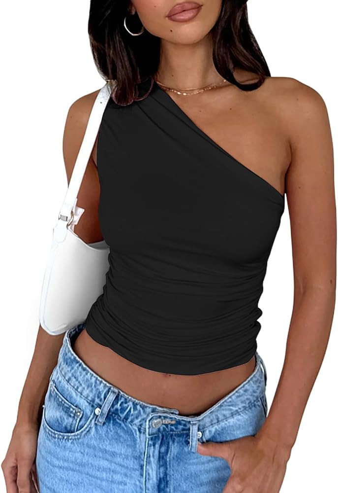 Women's One Shoulder Tank Top Sleeveless Ruched Slim Fit Y2K Basic Crop Top | Amazon (US)