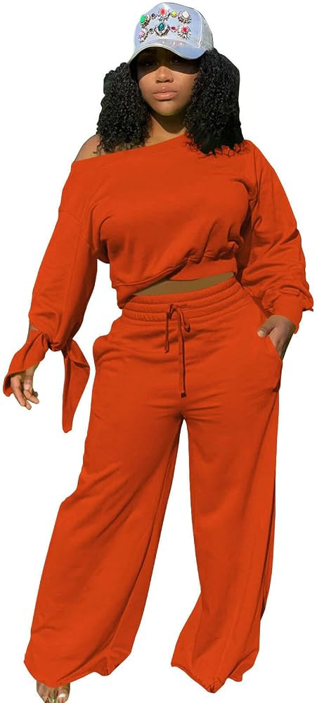 TOPSRANI Womens 2 Piece Outfits Casual Solid Sweatsuits Baggy Long Sleeve Loose Matching Wide Leg... | Amazon (US)
