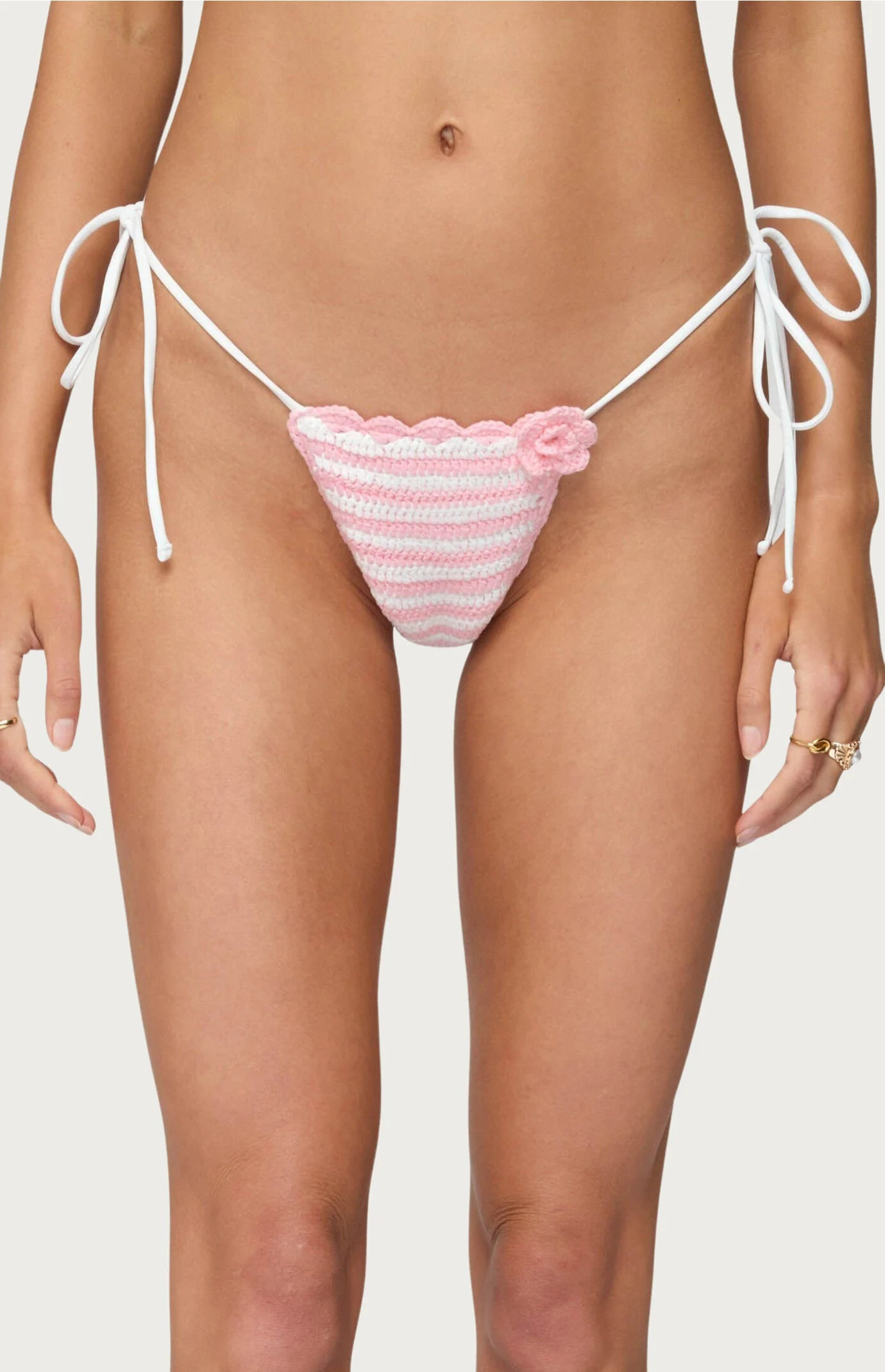 Edikted Women's Azalea Crochet String Bikini Bottom in Pink/White - Size Medium | PacSun