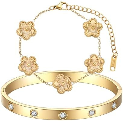 18K Gold Plated Clover Bracelet Love bangle Set for Women - Stack Friendship Bracelet Lucky Link ... | Amazon (US)