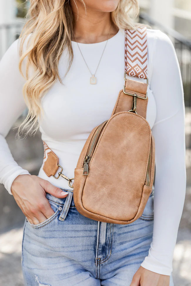 All The Feels Brown Sling Bag With Printed Strap PREORDER | Pink Lily