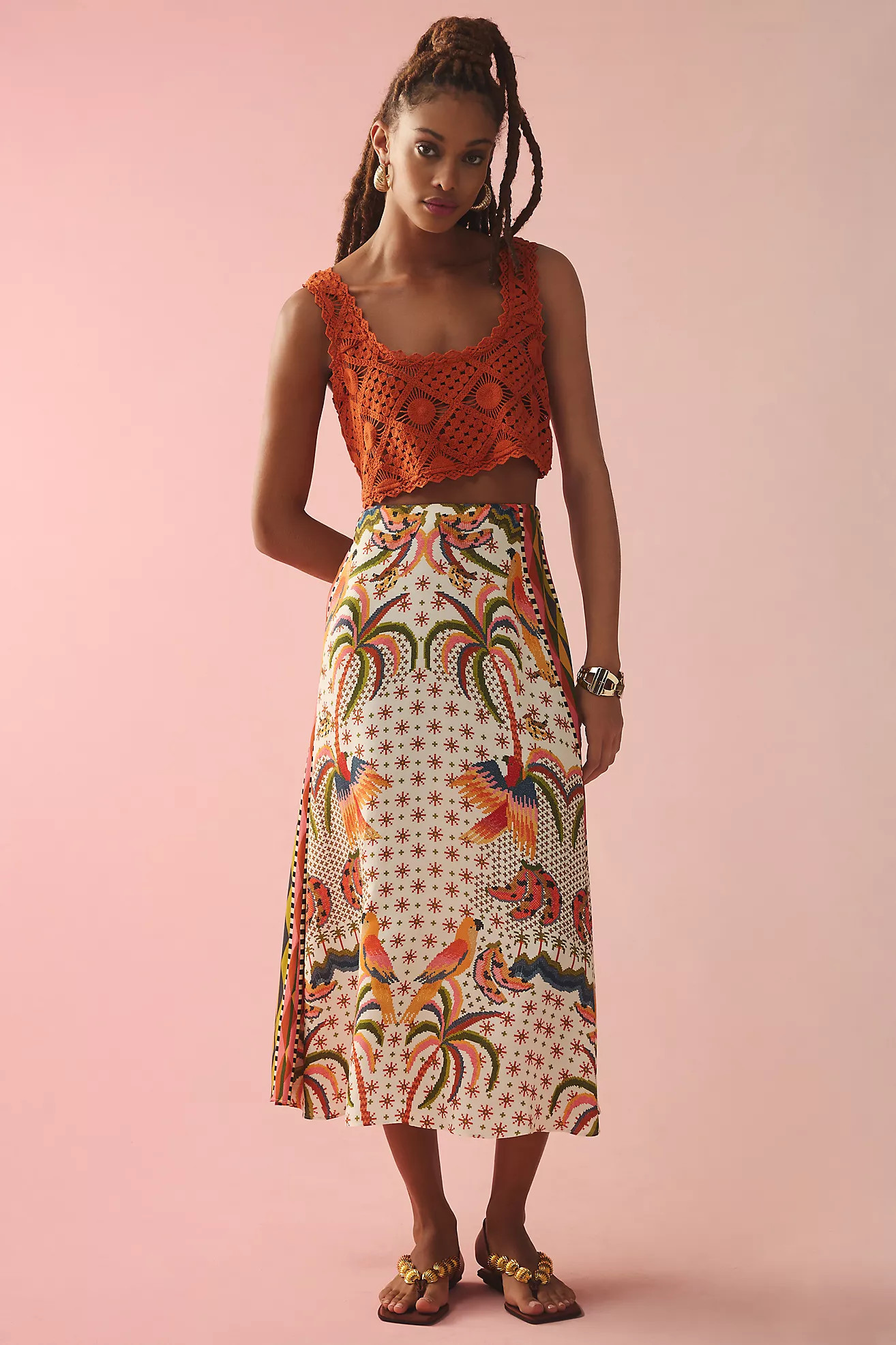 Farm Rio Satin-Slip Midi Skirt | Anthropologie (US)