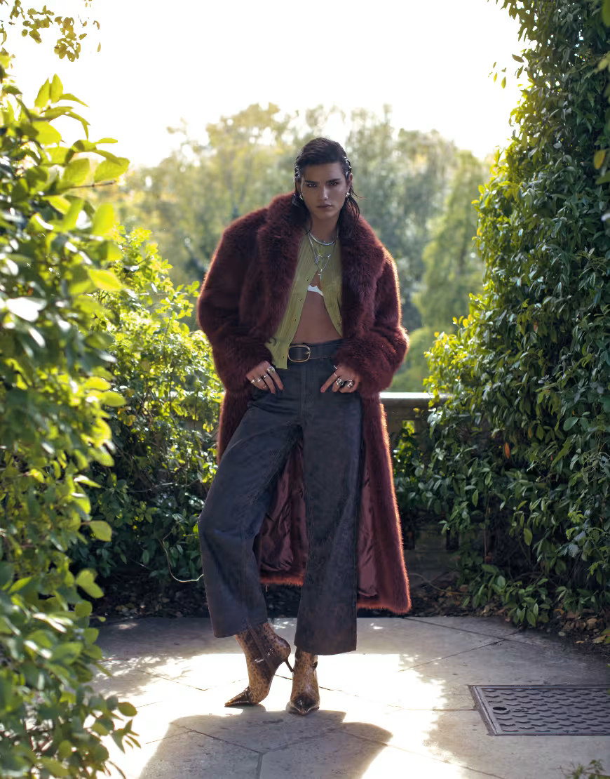 Topshop faux fur long coat in burgundy-Red | ASOS (Global)