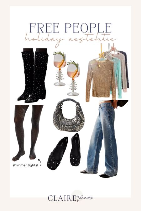 Free people holiday finds!✨ rhinestone boots, winter boots, shimmer tights, festive outfits, holiday outfits, rhinestone jeans, free people jeans, ballet slippers, sequin outfits, holiday shoes

#LTKSeasonal #LTKHoliday #LTKshoecrush