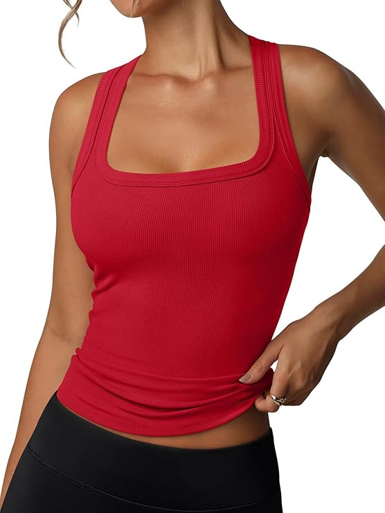 REORIA Built in Bra Tank Tops for Women Summer Sleeveless Racerback Square Neck Casual Basic Ribb... | Amazon (US)