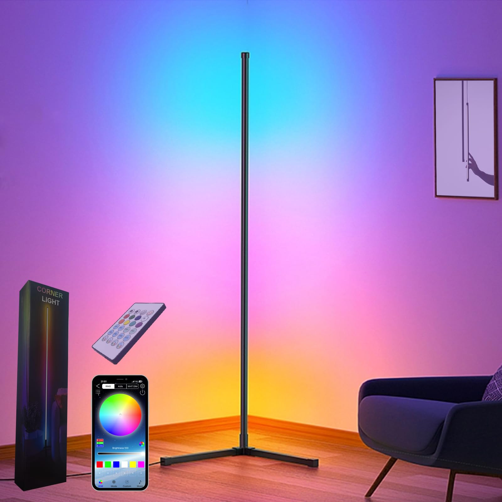 Corner Floor Lamp,60” Smart RGB LED Corner Lamp with App and Remote Control, Color Changing Amb... | Amazon (US)