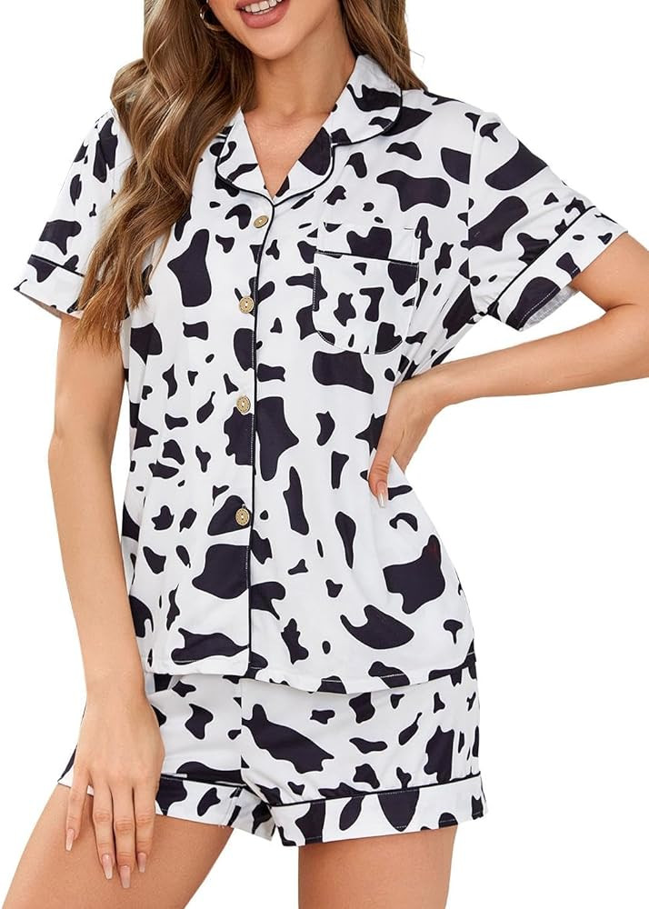 WDIRARA Women's Two Piece Animal Print Short Sleeve Button Shirt and Elastic Waist Shorts Pajama ... | Amazon (US)