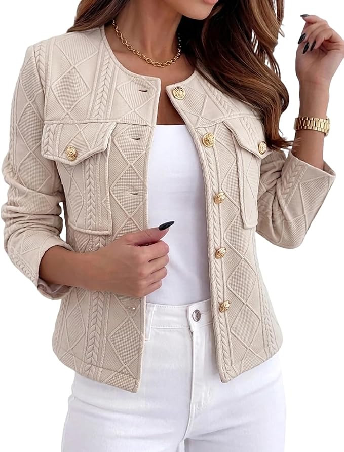 CHICME Womens Bomber Jacket Short Argyle Cable Cardigan Long Sleeve Casual Crew Neck Coat Metal B... | Amazon (US)