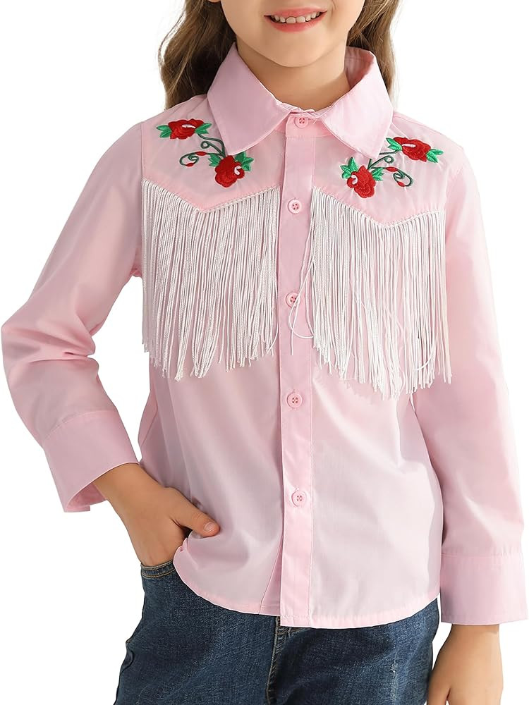 Fdqin Girls Western Cowboy Fringe Shirt Long Sleeve Floral Embroidered Cute Collared Retro Casual... | Amazon (US)