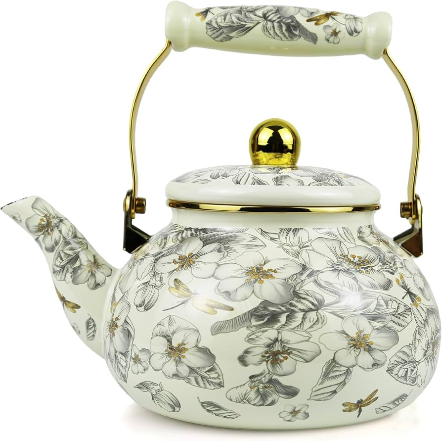 Vintage Enamel Tea Kettle, Dragonfly Floral Stovetop Teapot with Porcelain Handle 2.5L Enamel Ket... | Amazon (US)