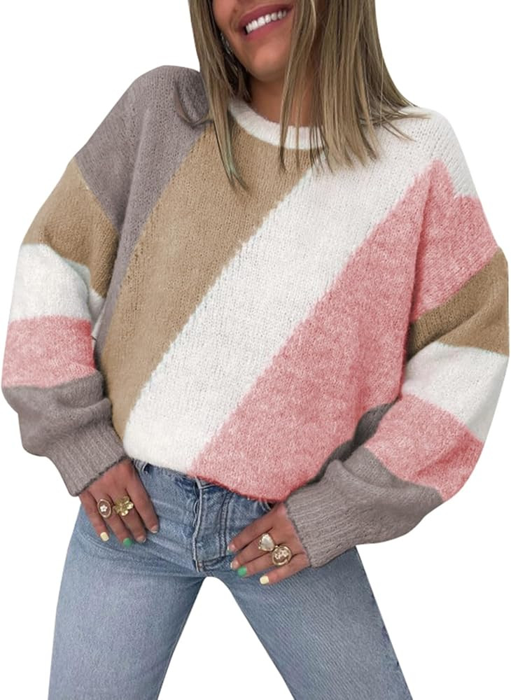 Theenkoln Women Color Block Sweater - 2023 Long Sleeve Crewneck Pullover Jumper Fall Winter Casua... | Amazon (US)