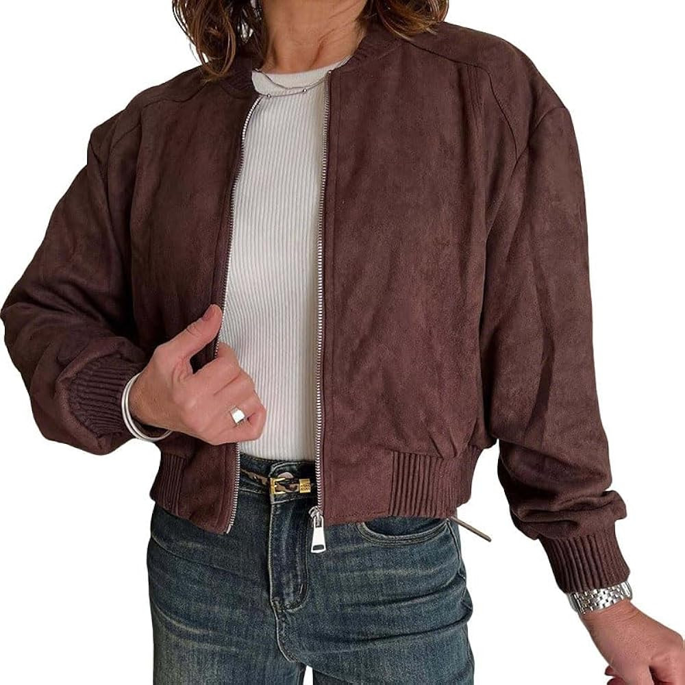 utcoco Women's Faux Suede Bomber Jacket Cropped Zip Up Loose Fit Shacket Stylish Fall Winter Oute... | Amazon (US)
