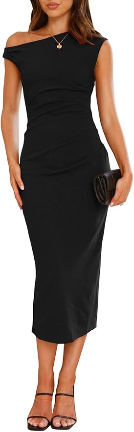 IHOT Women's Sleeveless One Shoulder Bodycon Ruched Slit Wedding Guest Cocktail Midi Dress | Amazon (US)