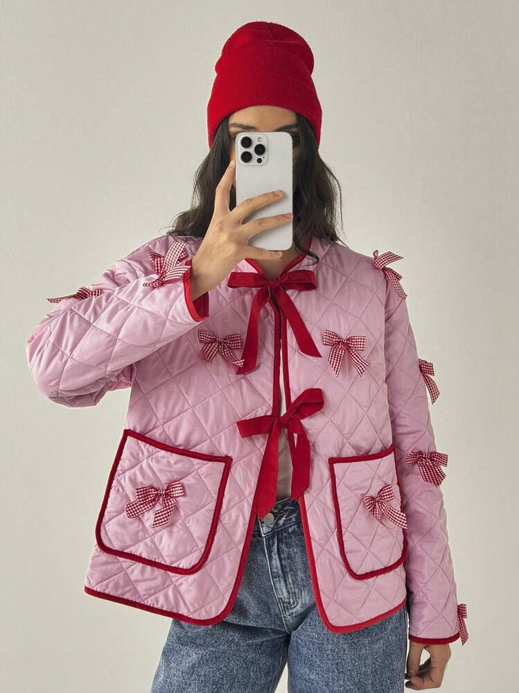 Forever 21 New Winter Women CoatRound Neck Quilted Contrast Color Bow Decor Casual Ins Style Padd... | SHEIN