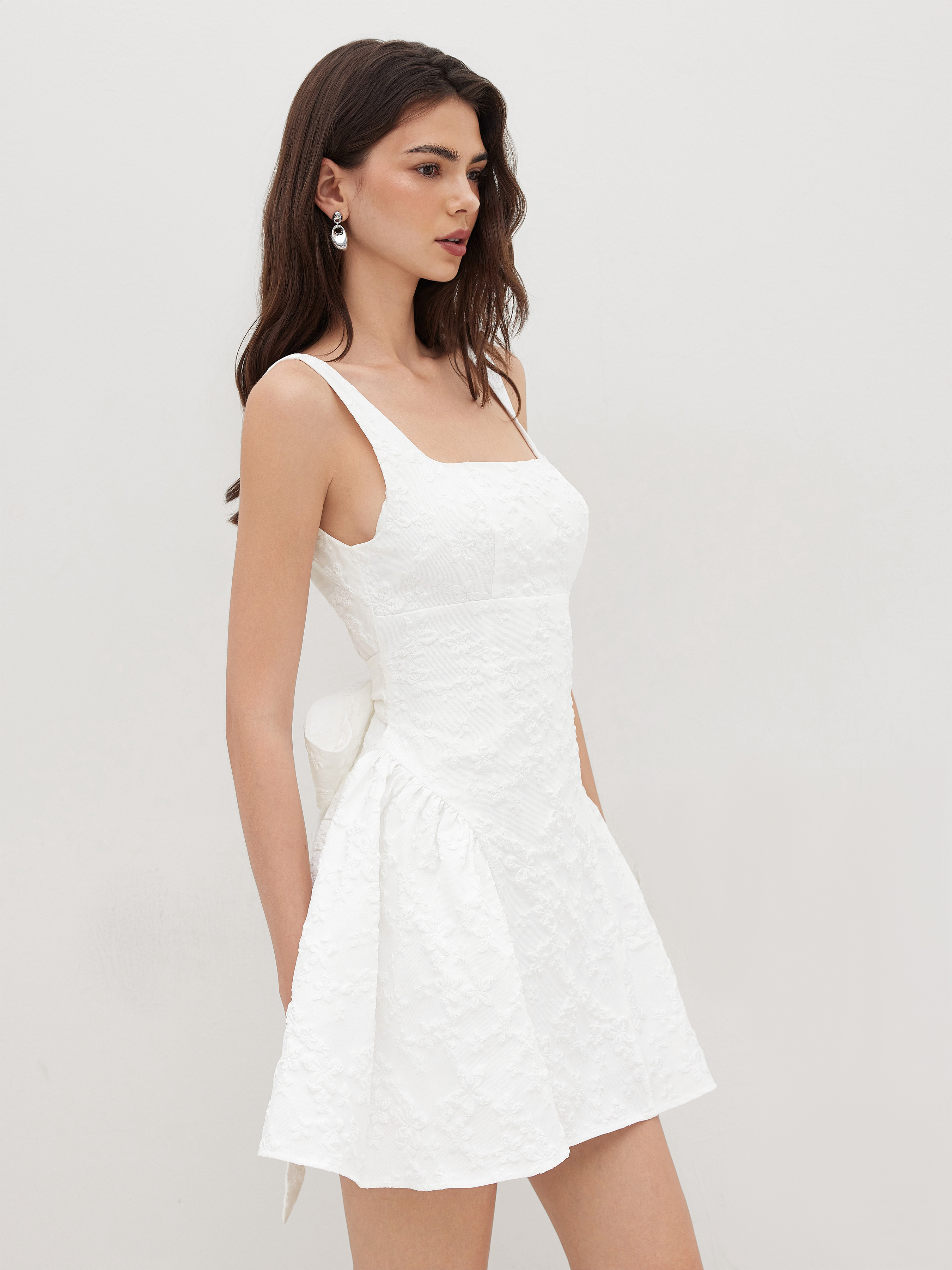 Jacquard Jacquard U-neckline Floral Backless Bowknot Mini Dress For Date | Cider