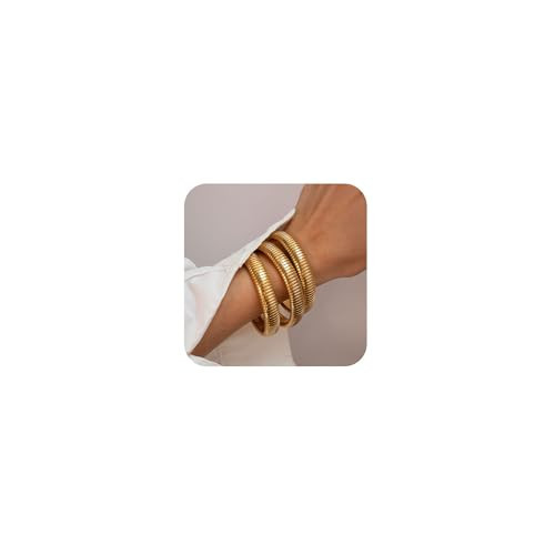 JUNYANGY Gold Bangles for Women Set of 3 Gold Chunky Stretch Bangles Bracelets 24K Gold Plated Stainless Steel Bracelets Flexible Wide Stack Bracelets Designer Look Alike Jewelry for Women | Amazon (US)