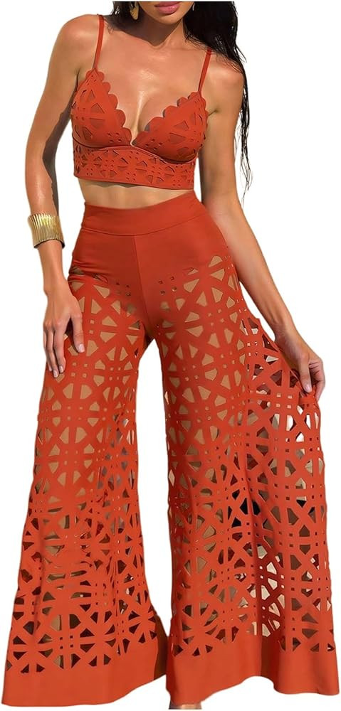 WDIRARA Women's 3 Piece Swimsuit Hollow Out Bikini Set with Cover Up Pants | Amazon (US)