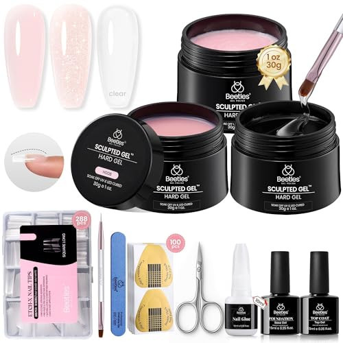 Beetles Hard Gel for Nails Kit,3 Colors Clear Nude Glitter Sculpted Gel, Nail Extension,Sculpting,with Long Square Half Cover Nail Tips for Salon Pros Women,Nude Pink&Clear Builder Gels,UV&LED Cured | Amazon (US)