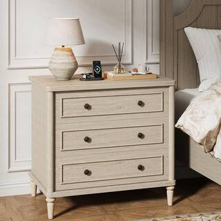 Bestier Sunlit Oak 30 in. W Traditional 3-Drawer Nightstand with Power Outlets, USB Port and Vint... | The Home Depot