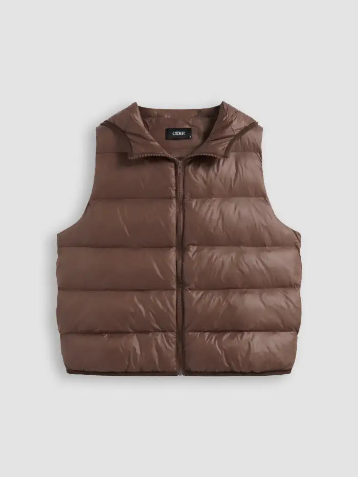 Hooded Solid Zipper Pocket Puffer Vest | Cider