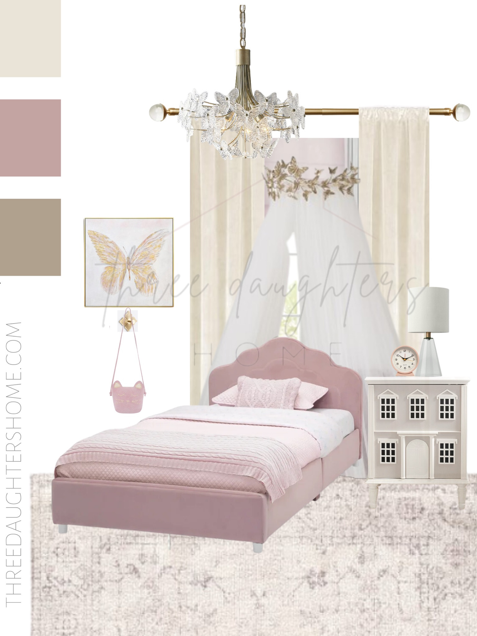 little girls room, princess room, butterfly room, butterfly light, butterfly decor, canopy, blush bed, big girls room, dollhouse nightstand, blush rug, girls bedroom, chandelier, nursery, pink and gold

#LTKkids #LTKbaby #LTKhome