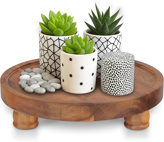 Demigo 10" Acacia Wood Round Tray - Decorative Plant Stand, Farmhouse Countertop Organizer, Multi... | Amazon (US)