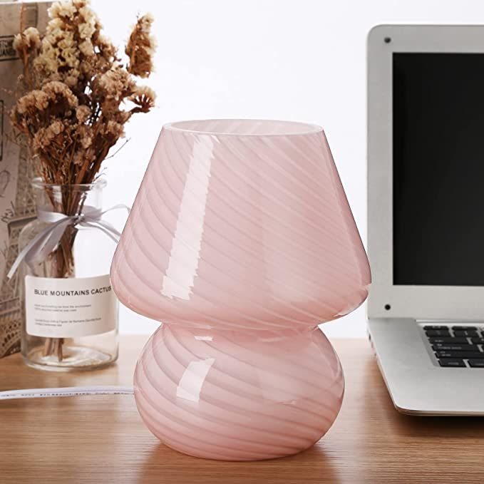 Pink Mushroom Lamp,Glass Mushroom Bedside Table Lamps Translucent Murano Vintage Style Striped Sm... | Amazon (US)